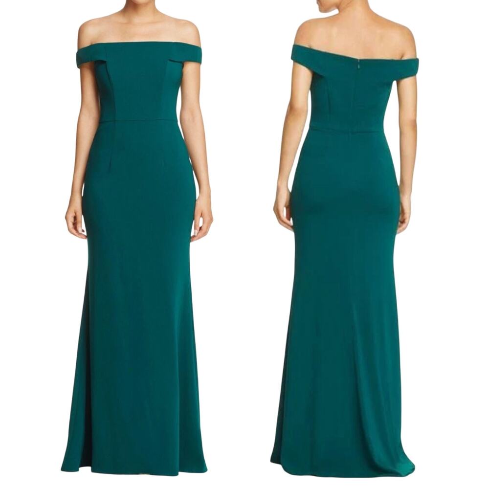 Carmen Marc Valvo Mermaid Gown Stretch Off Shoulder Hunter Green NEW Womens